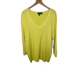 NWT Lauren Ralph Lauren Women’s Bright Yellow Knit V Neck Long Sleeve Sweater 2X
